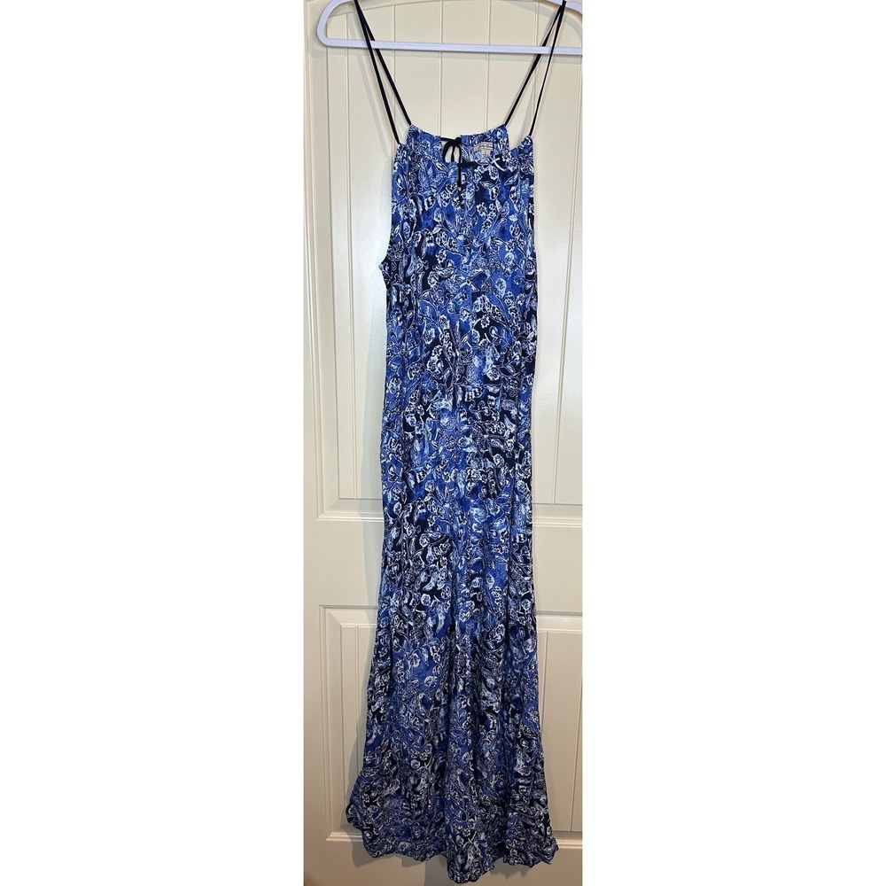 Women's Lucky Brand Size Large blue Long floral Boho Flowy‎ Halter neck Dress